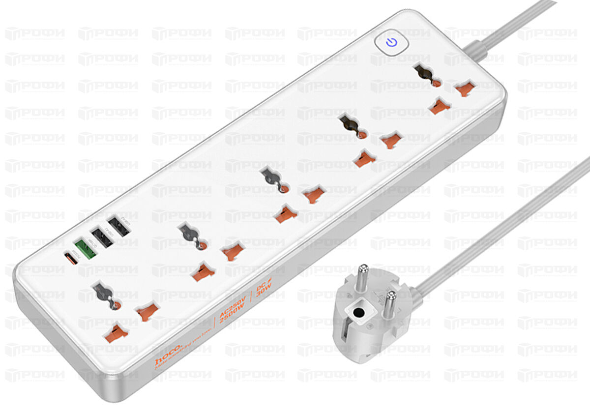 АКСЕССУАРЫ :: СЕТЕВЫЕ КАБЕЛИ И ФИЛЬТРЫ :: Сетевой фильтр HOCO AC13A 5  гнезд+Type-C UCB+3USB 1.5 m 2500W DC17W белый
