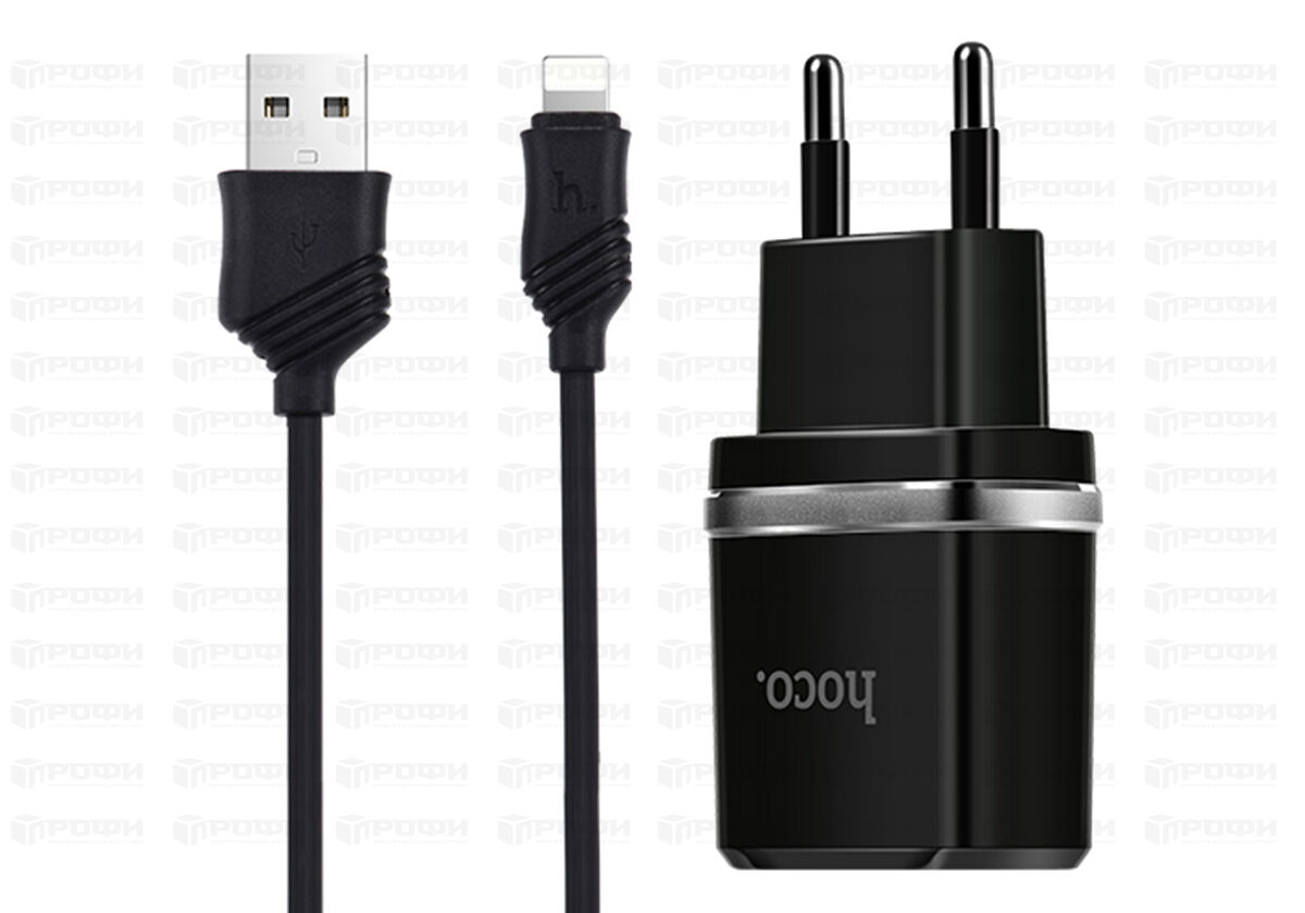 АКСЕССУАРЫ :: ЗАРЯДНЫЕ УСТРОЙСТВА :: Сетевое зарядное устройство HOCO C12  Smart 2USB + кабель Lighting черный